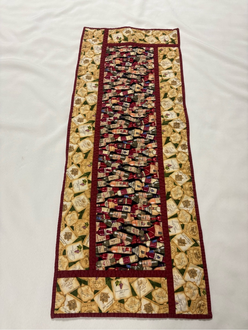 Handmade Burgundy and Gold Wine Bottle Patchwork Table Runner and small version